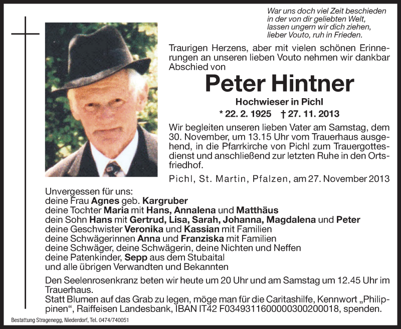  Traueranzeige für Peter Hintner vom 29.11.2013 aus Dolomiten