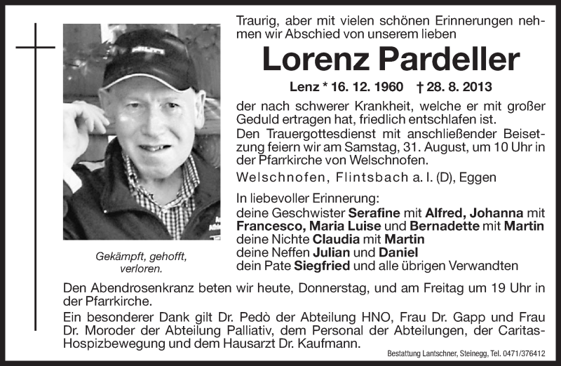  Traueranzeige für Lorenz Pardeller vom 29.08.2013 aus Dolomiten