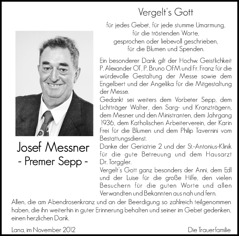  Traueranzeige für Josef Mesner vom 09.11.2012 aus Dolomiten