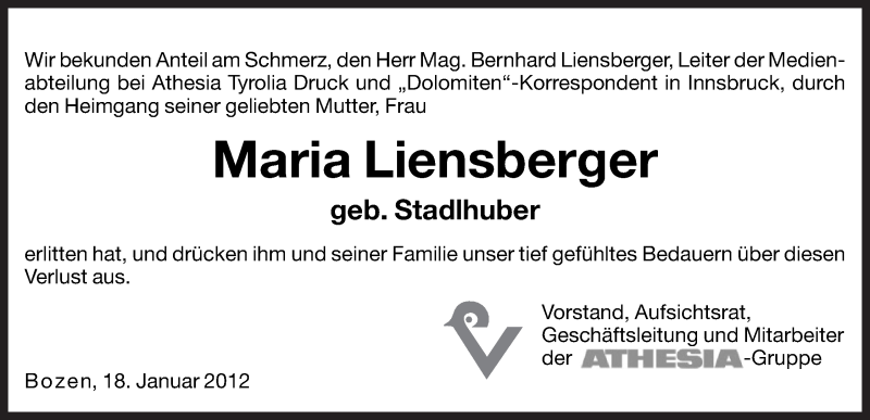  Traueranzeige für Maria Liensberger vom 19.01.2012 aus Dolomiten