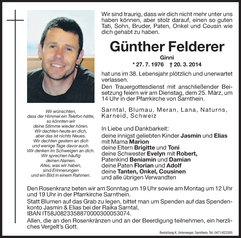  Traueranzeige für Günther Felderer vom 22.03.2014 aus Dolomiten