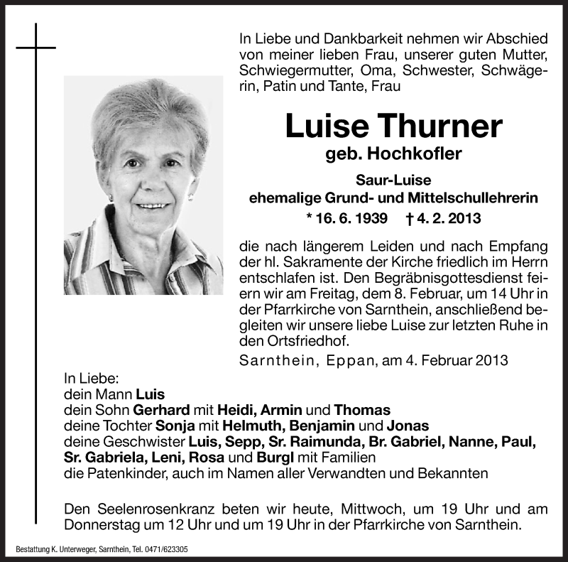  Traueranzeige für Luise Thurner vom 06.02.2013 aus Dolomiten