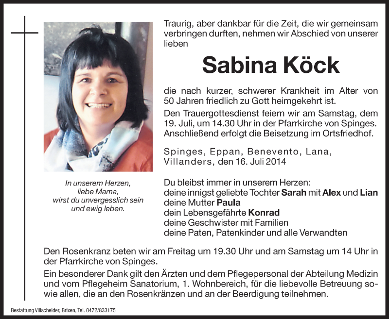  Traueranzeige für Sabina Köck vom 18.07.2014 aus Dolomiten