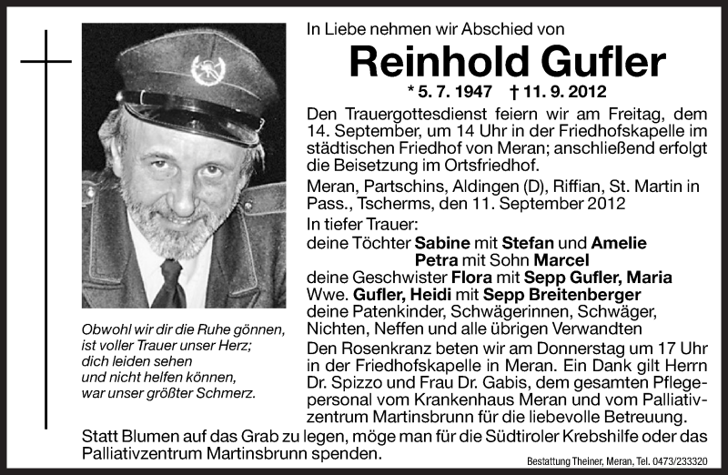  Traueranzeige für Reinhold Gufler vom 12.09.2012 aus Dolomiten