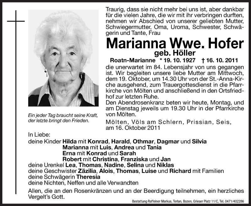  Traueranzeige für Marianna Hofer vom 17.10.2011 aus Dolomiten