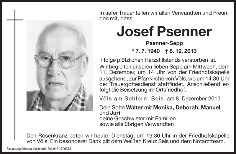  Traueranzeige für Josef Psenner vom 10.12.2013 aus Dolomiten