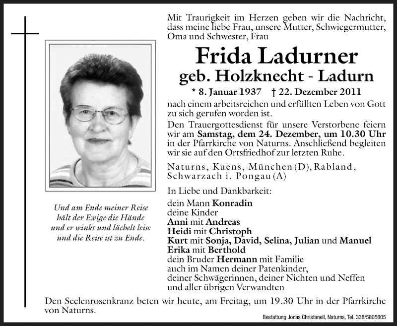  Traueranzeige für Frida Ladurner vom 23.12.2011 aus Dolomiten