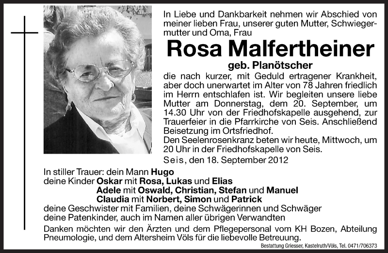  Traueranzeige für Rosa Malfertheiner vom 19.09.2012 aus Dolomiten