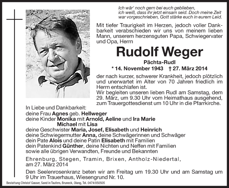  Traueranzeige für Rudolf Weger vom 28.03.2014 aus Dolomiten