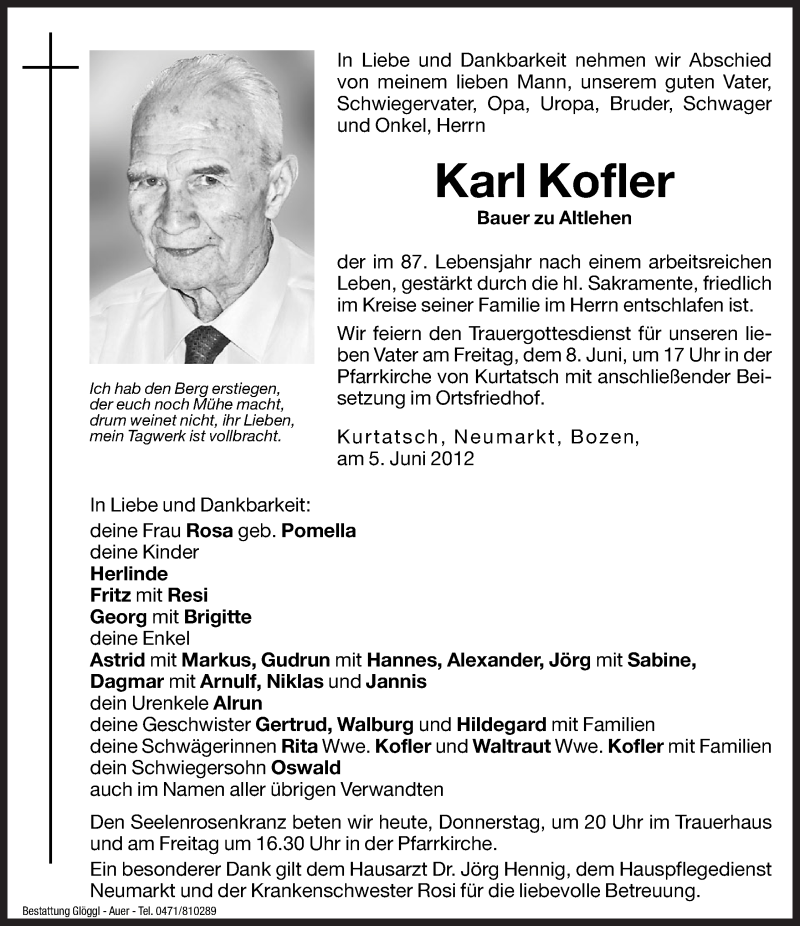  Traueranzeige für Karl Kofler vom 07.06.2012 aus Dolomiten