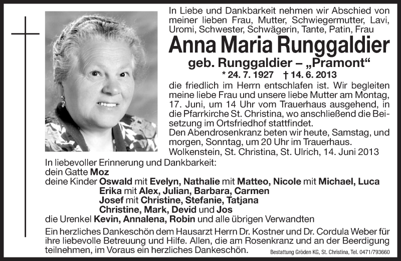  Traueranzeige für Anna Maria Runggaldier vom 15.06.2013 aus Dolomiten