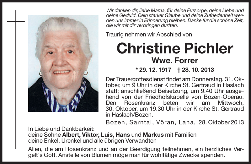  Traueranzeige für Christine Forrer vom 29.10.2013 aus Dolomiten