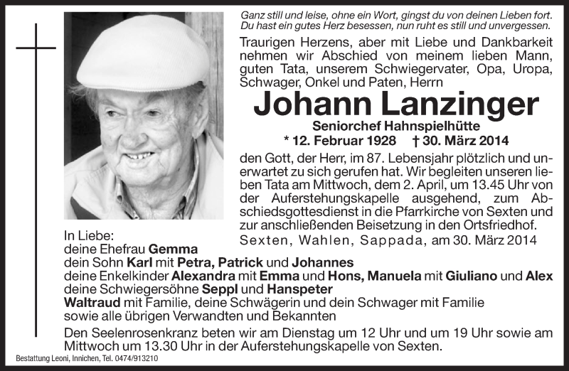  Traueranzeige für Johann Lanzinger vom 01.04.2014 aus Dolomiten