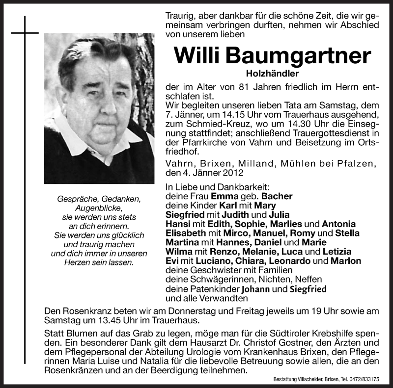  Traueranzeige für Willi Baumgartner vom 05.01.2012 aus Dolomiten