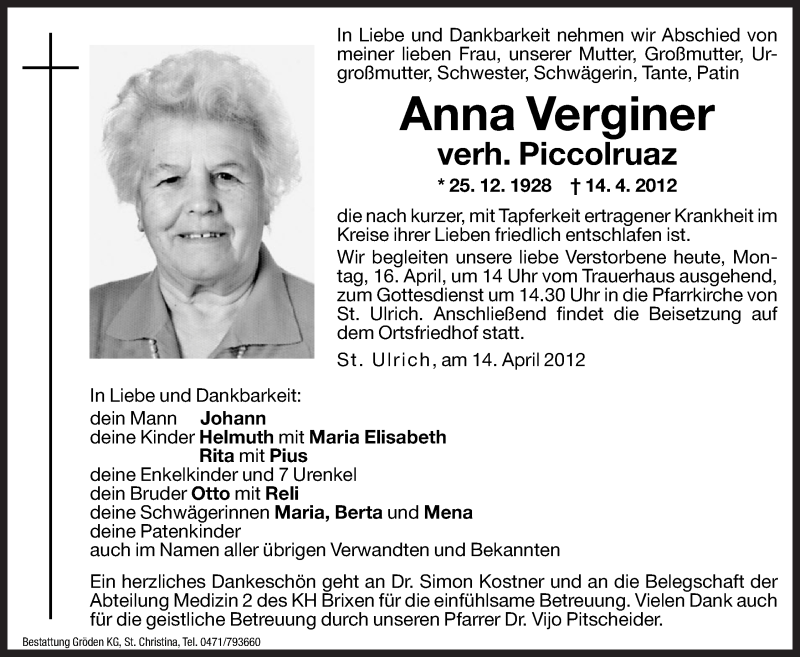  Traueranzeige für Anna Piccolruaz vom 16.04.2012 aus Dolomiten