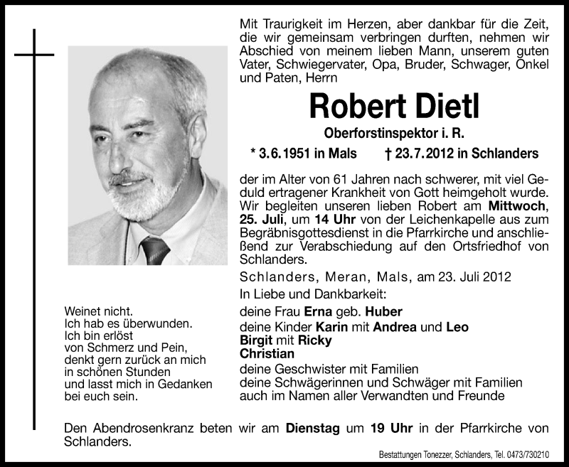  Traueranzeige für Robert Dietl vom 24.07.2012 aus Dolomiten