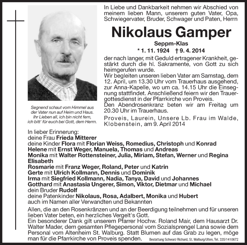  Traueranzeige für Nikolaus Gamper vom 11.04.2014 aus Dolomiten