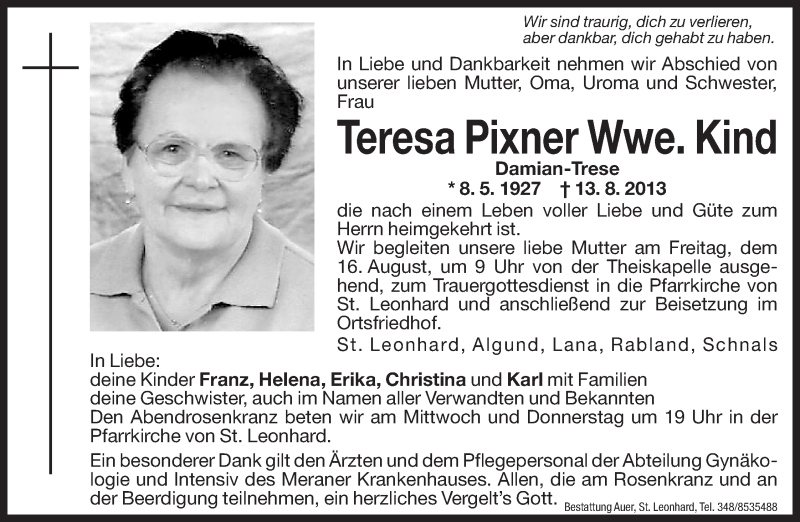  Traueranzeige für Teresa Kind vom 14.08.2013 aus Dolomiten