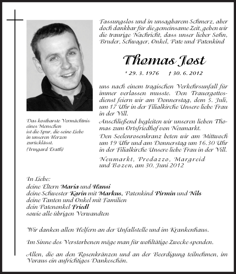  Traueranzeige für Thomas Jost vom 04.07.2012 aus Dolomiten