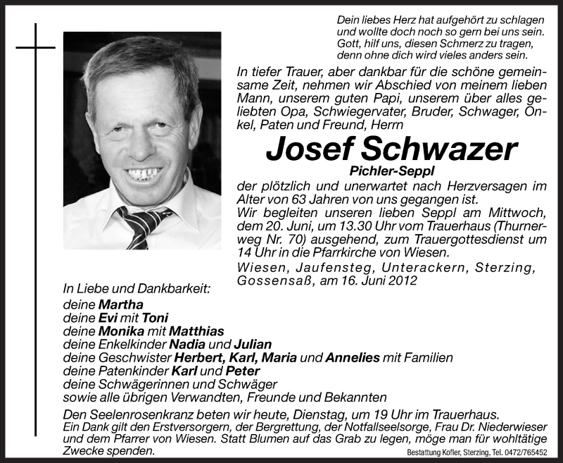  Traueranzeige für Josef Schwazer vom 19.06.2012 aus Dolomiten