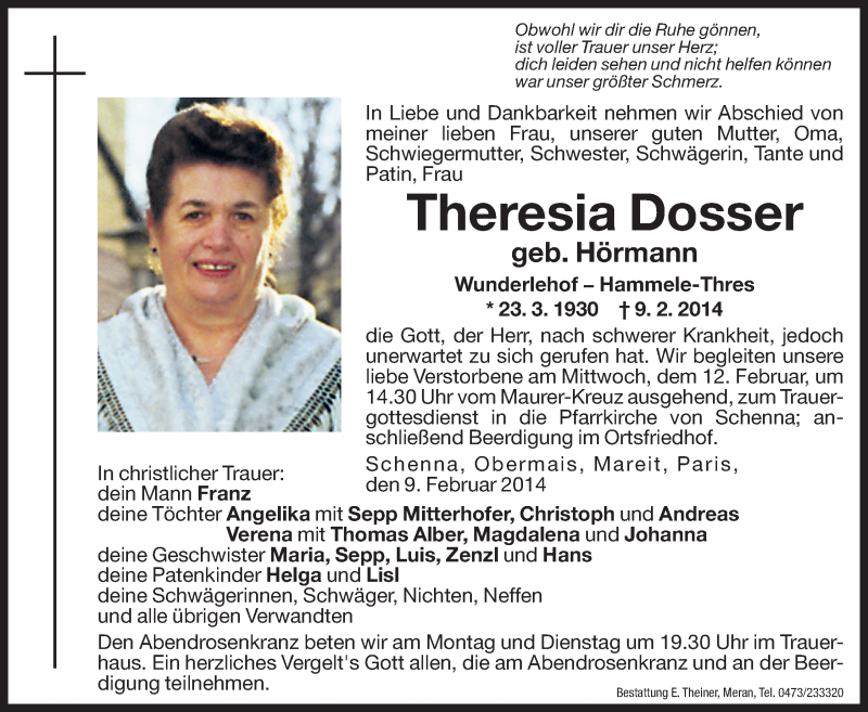  Traueranzeige für Theresia Dosser vom 10.02.2014 aus Dolomiten