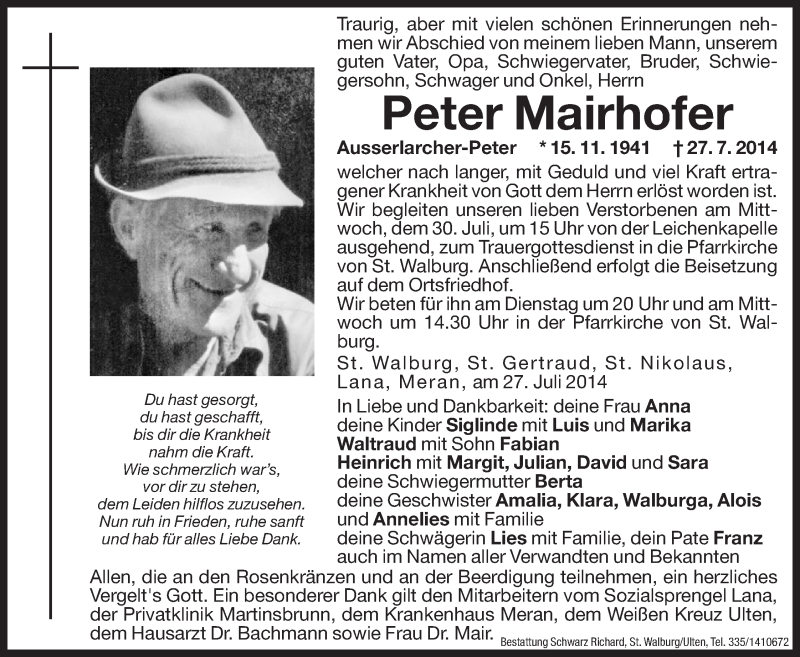  Traueranzeige für Peter Mairhofer vom 29.07.2014 aus Dolomiten