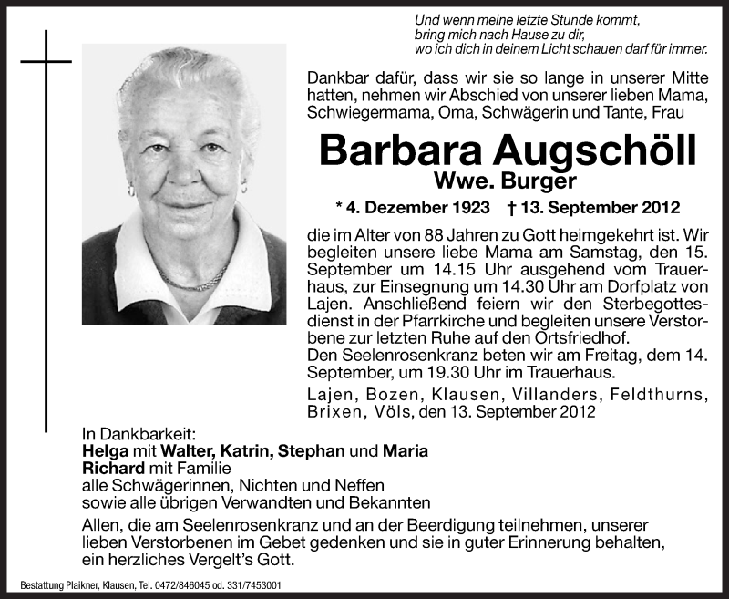  Traueranzeige für Barbara Burger vom 14.09.2012 aus Dolomiten