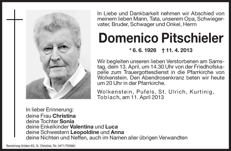  Traueranzeige für Domenico Pitschieler vom 12.04.2013 aus Dolomiten