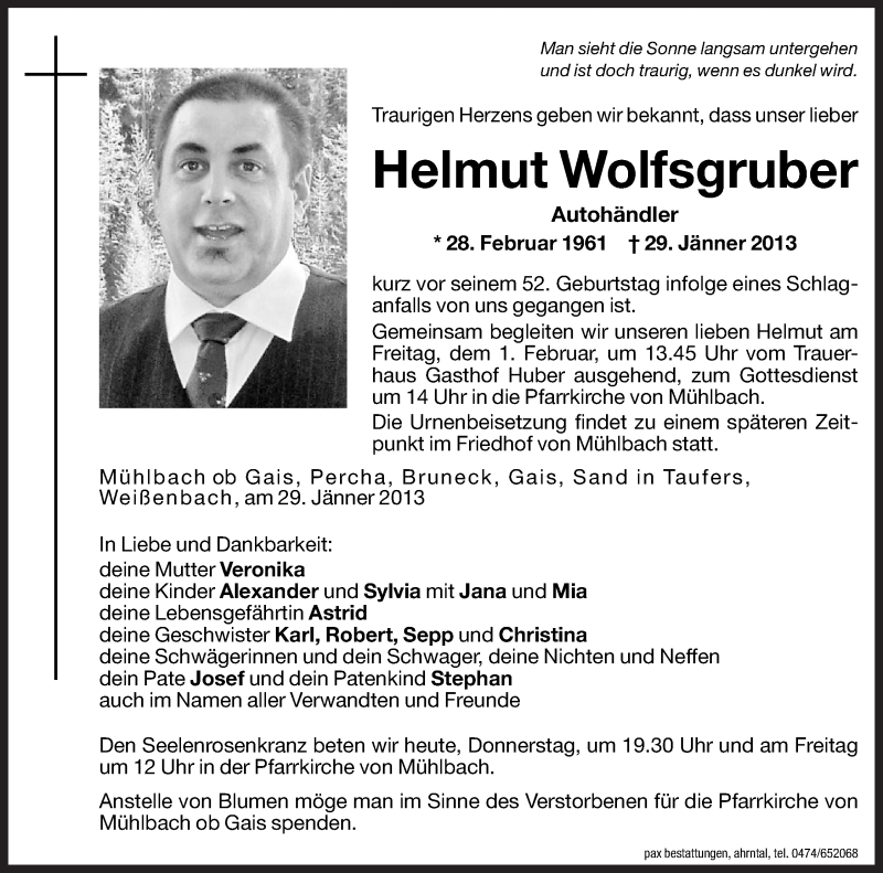  Traueranzeige für Helmut Wolfsgruber vom 31.01.2013 aus Dolomiten