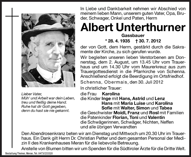  Traueranzeige für Albert Unterthurner vom 31.07.2012 aus Dolomiten