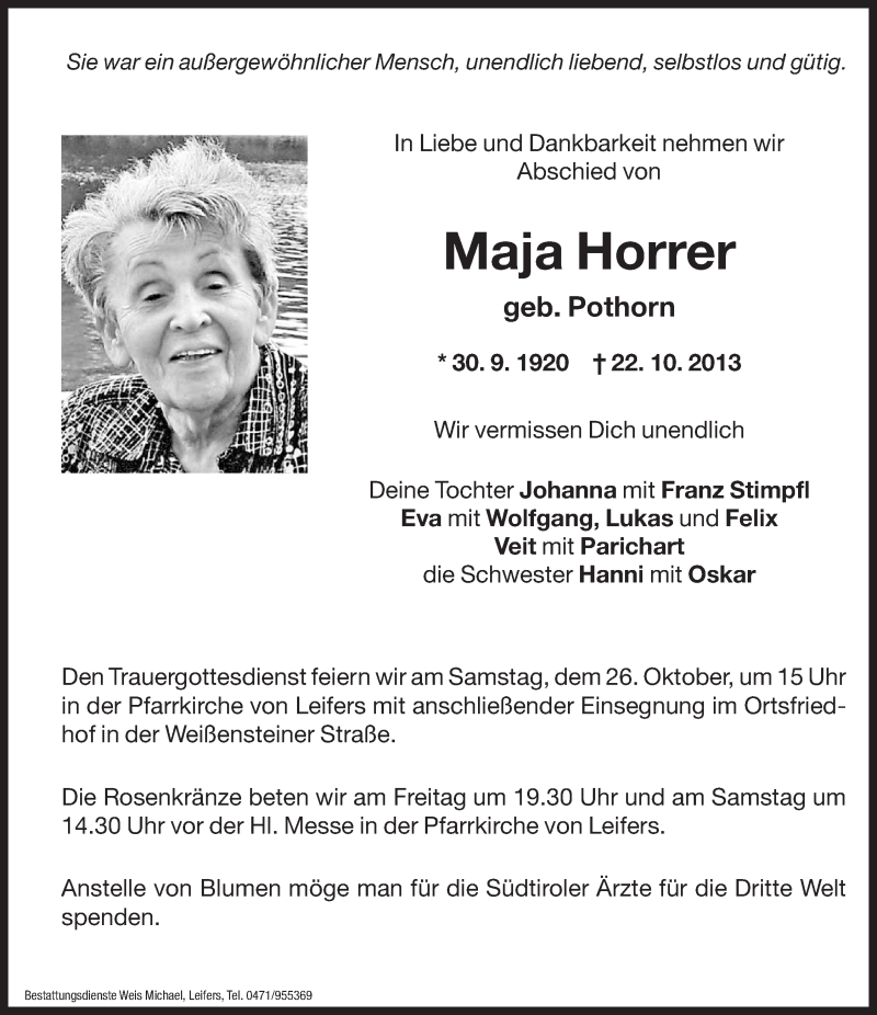  Traueranzeige für Maja Horrer vom 25.10.2013 aus Dolomiten