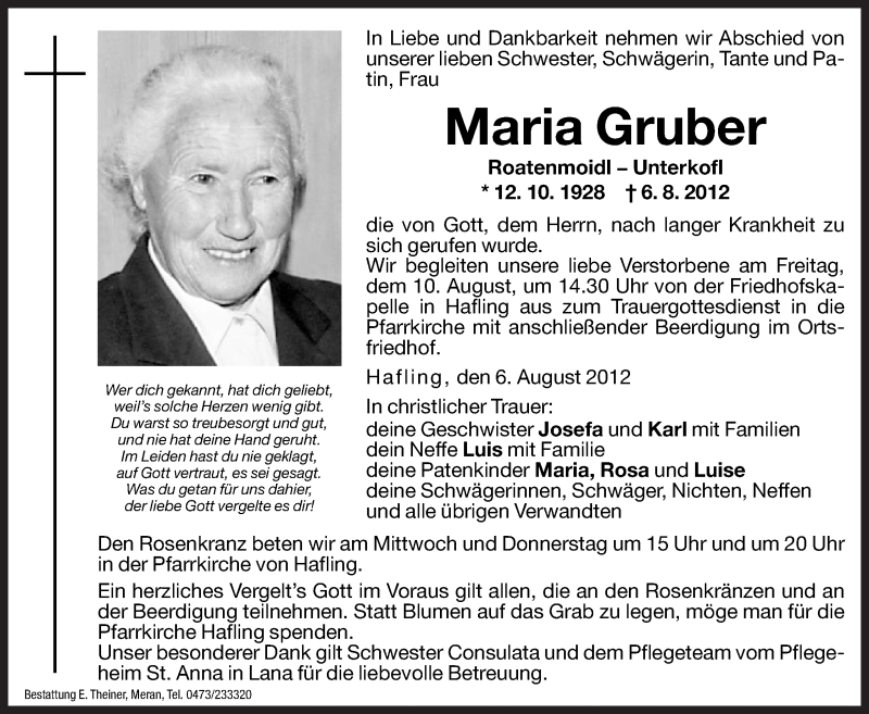  Traueranzeige für Maria Gruber vom 08.08.2012 aus Dolomiten