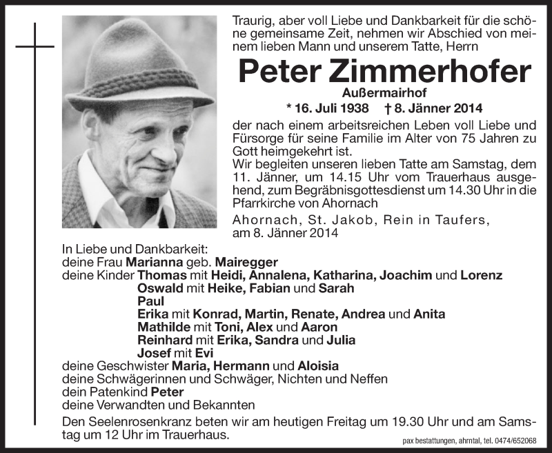  Traueranzeige für Peter Zimmerhofer vom 10.01.2014 aus Dolomiten