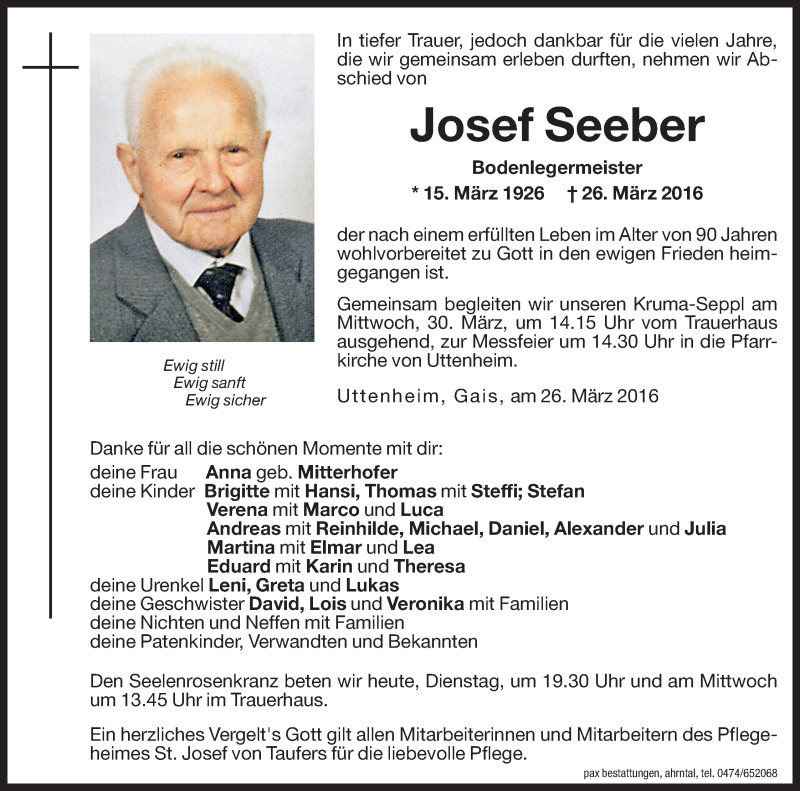  Traueranzeige für Josef Seeber vom 29.03.2016 aus Dolomiten