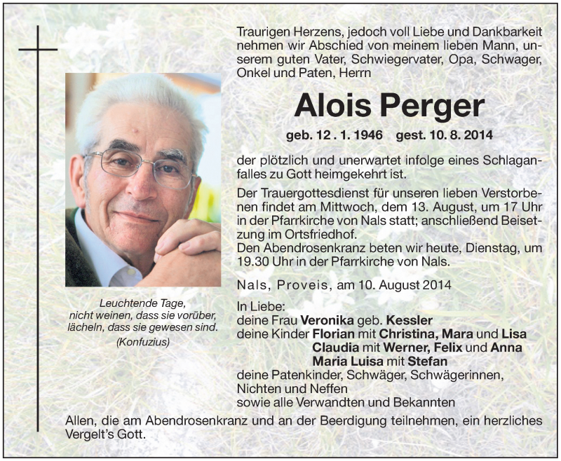  Traueranzeige für Alois Perger vom 12.08.2014 aus Dolomiten