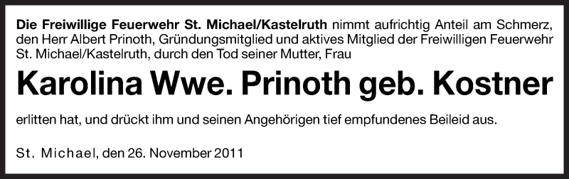  Traueranzeige für Karolina Prinoth vom 28.11.2011 aus Dolomiten
