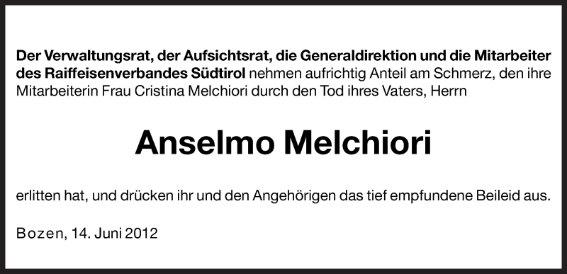  Traueranzeige für Anselmo Melchiori vom 16.06.2012 aus Dolomiten