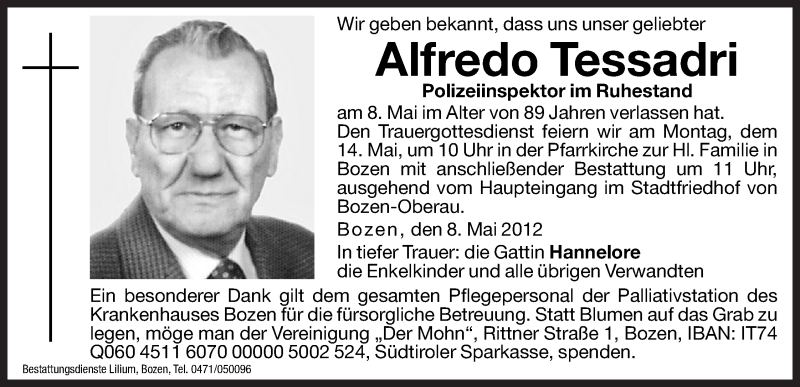  Traueranzeige für Alfredo Tessadri vom 11.05.2012 aus Dolomiten