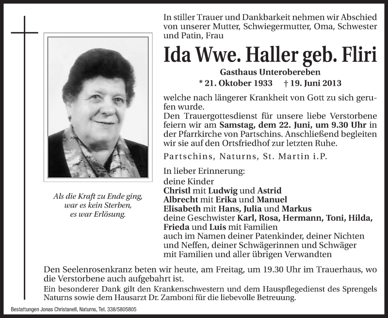  Traueranzeige für Ida Haller vom 21.06.2013 aus Dolomiten