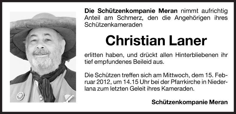  Traueranzeige für Christian Laner vom 13.02.2012 aus Dolomiten