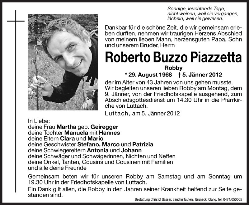  Traueranzeige für Roberto Buzzo Piazzetta vom 07.01.2012 aus Dolomiten