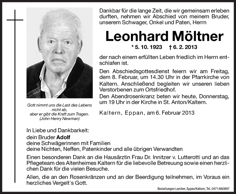  Traueranzeige für Leonhard Möltner vom 07.02.2013 aus Dolomiten