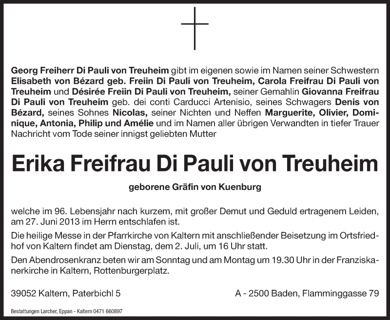  Traueranzeige für Erika Freifrau Di Pauli von Treuheim vom 29.06.2013 aus Dolomiten