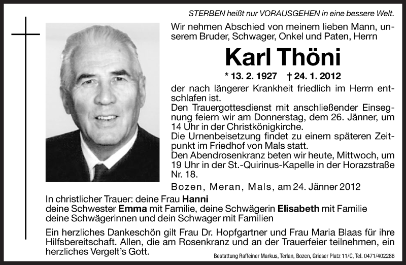  Traueranzeige für Karl Thöni vom 25.01.2012 aus Dolomiten