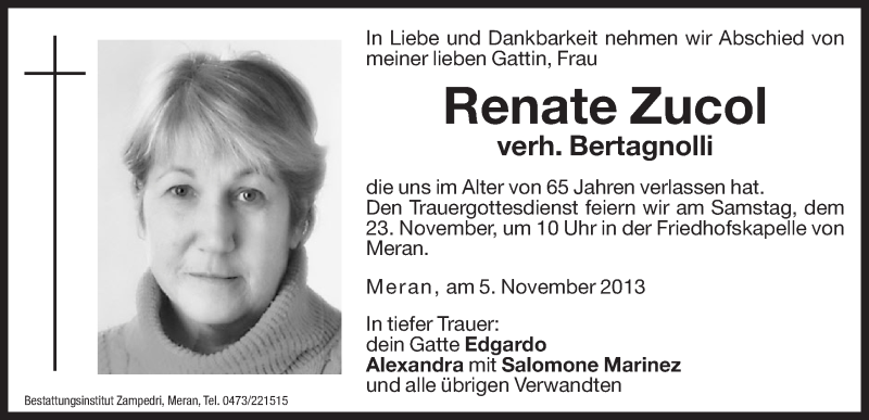  Traueranzeige für Renate Bertagnolli vom 22.11.2013 aus Dolomiten