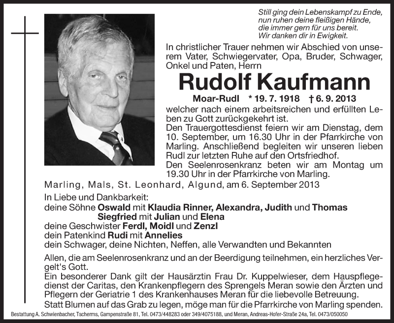  Traueranzeige für Rudolf Kaufmann vom 09.09.2013 aus Dolomiten