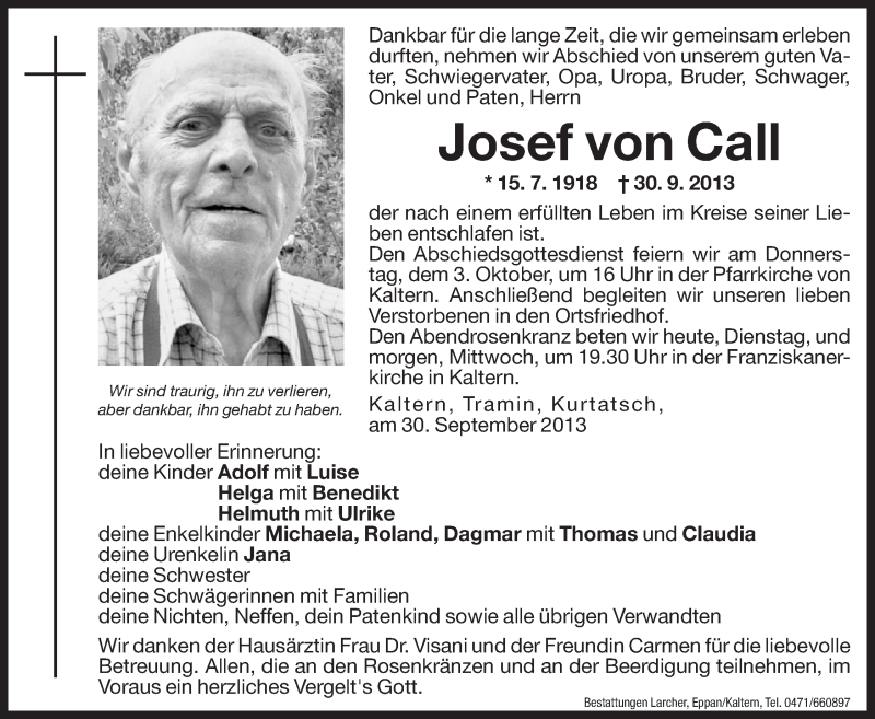  Traueranzeige für Josef von Call vom 01.10.2013 aus Dolomiten