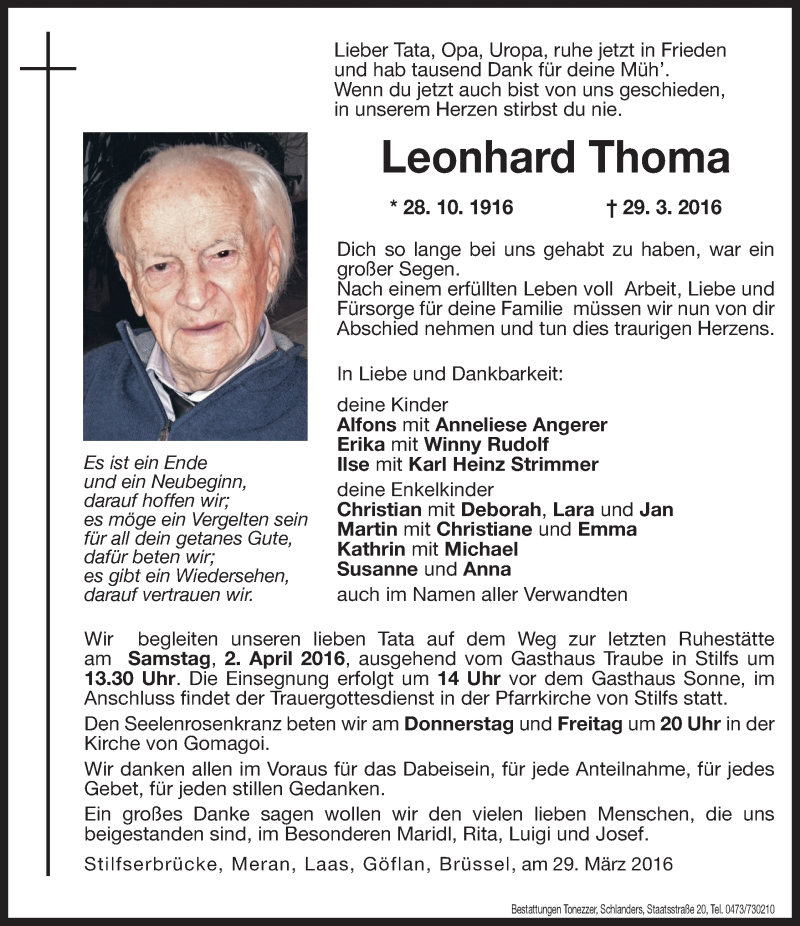  Traueranzeige für Leonhard Thoma vom 31.03.2016 aus Dolomiten