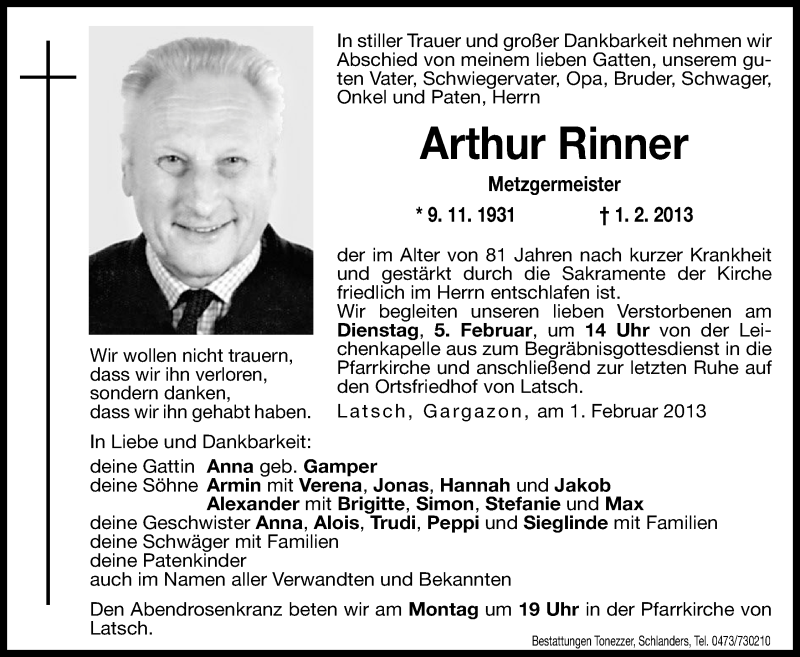  Traueranzeige für Arthur Rinner vom 04.02.2013 aus Dolomiten