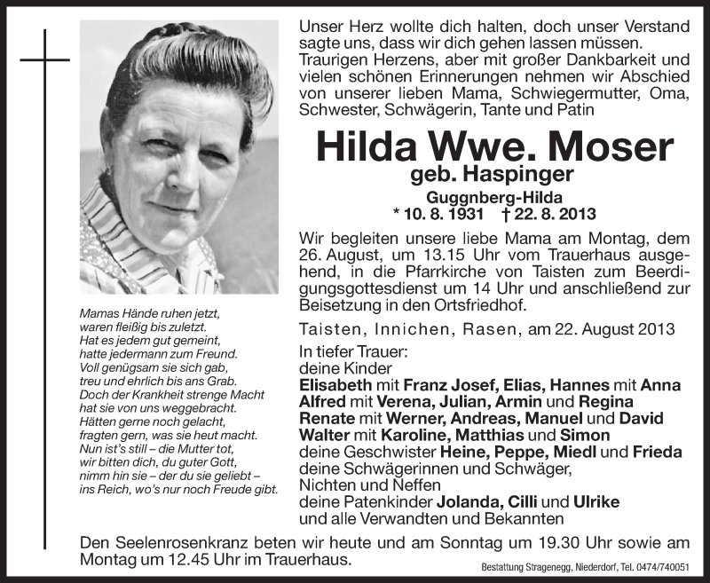  Traueranzeige für Hilda Moser vom 24.08.2013 aus Dolomiten